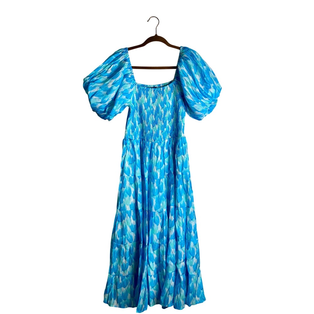 Aleeza Paris NWT 1X Blue Watercolor Smocked Puff Sleeve Tiered Dress Cottage